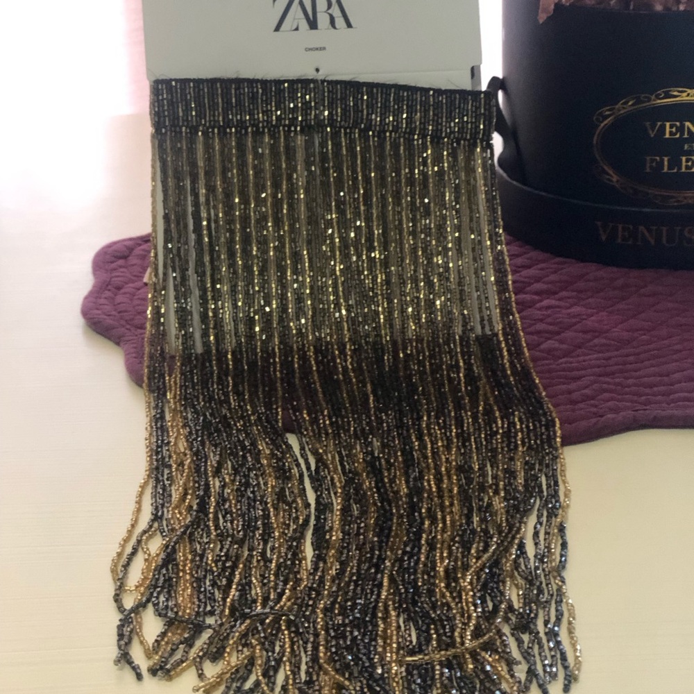 Zara Black and Gold Fringe Choker Necklace